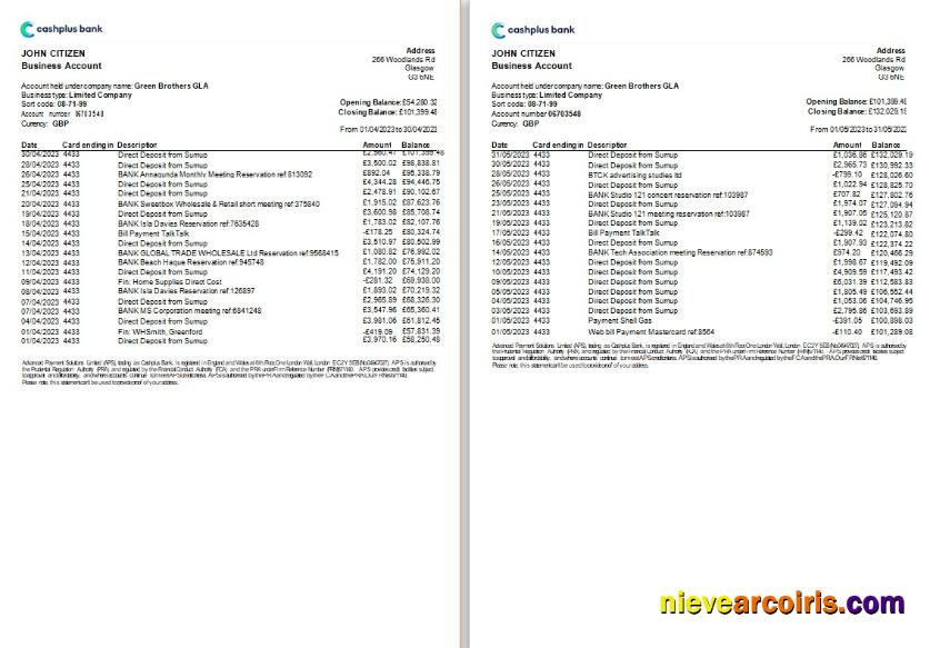 United Kingdom Cashplus bank statement Word and PDF